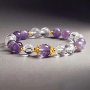 🆕New Natural  Healing. Amethyst & Clear Quartz Crystal Gemstone Bracelet-8mm